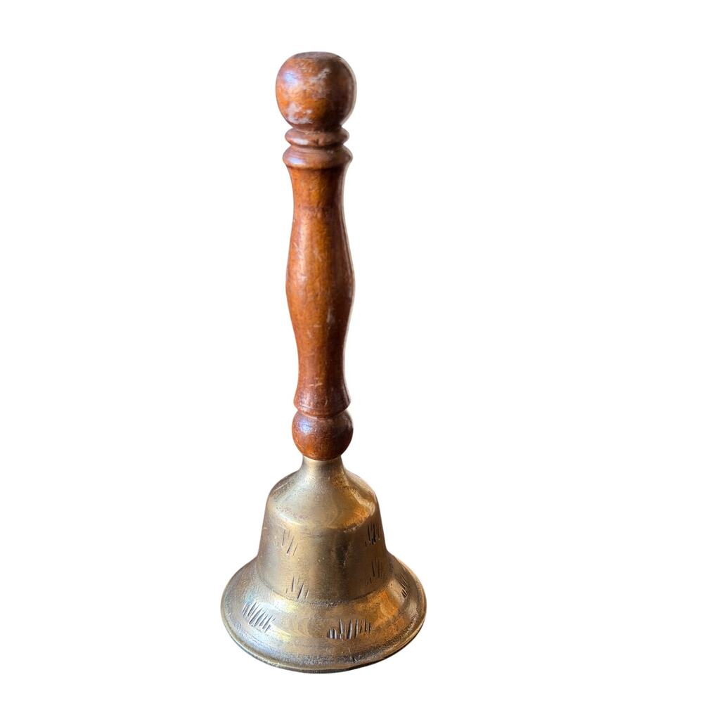 Vintage Brass Hand Bell with Turned Wooden Handle Classic Dinner or School Bell